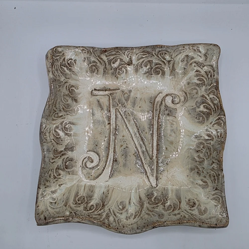 Pottery INITIAL PLATE N Hand Made By Jenni Hillman Beige Tan  Platter Serveware